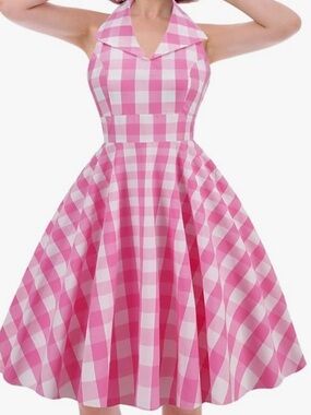 Pink and White Gingham Halter Fit-and-Flare Dress